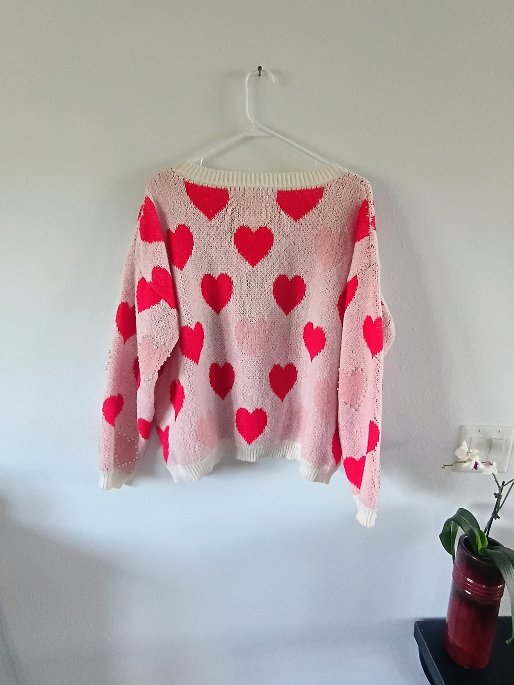 JK XL Pink Heart Sweater Rhinestone Valentine Coquette Fuzzy Knit Pullover Top - Picture 7 of 9